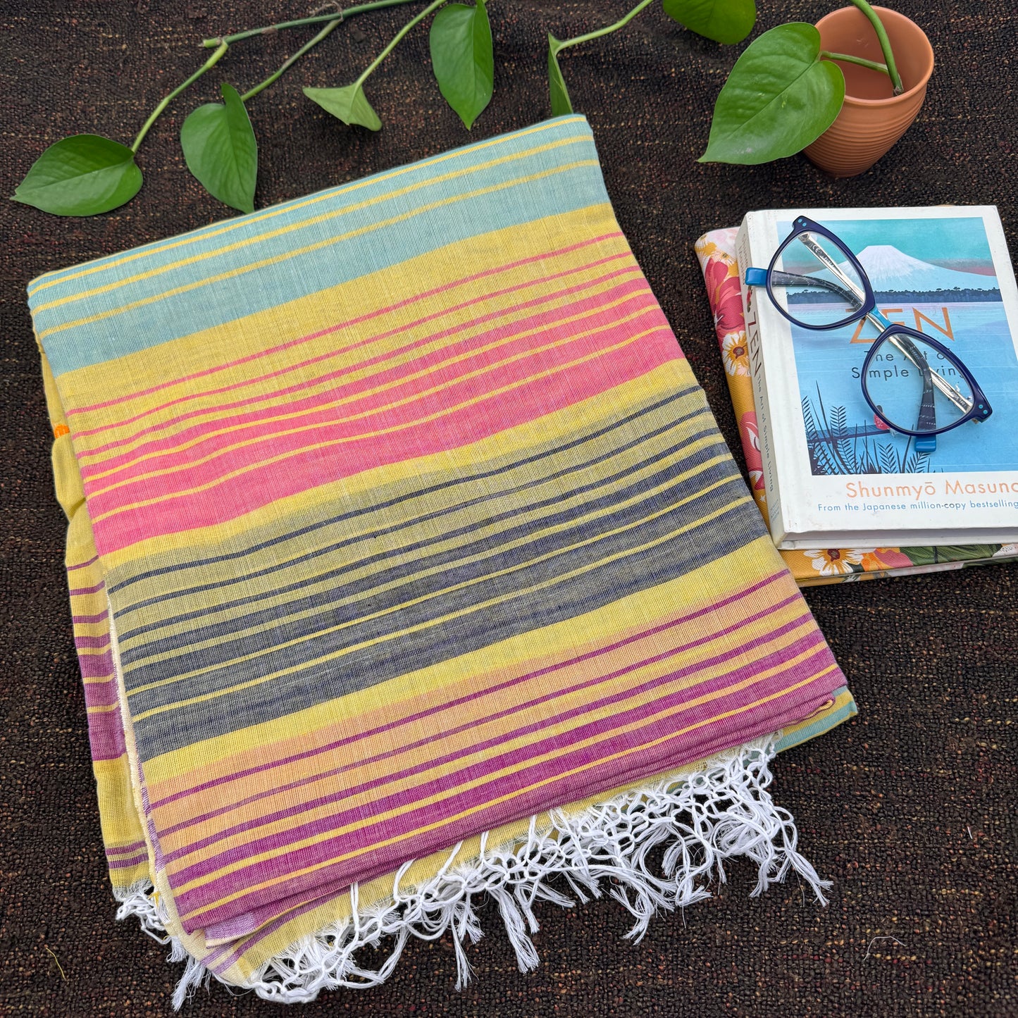 Yellow Cotton Handloom Saree with Rainbow Stripes