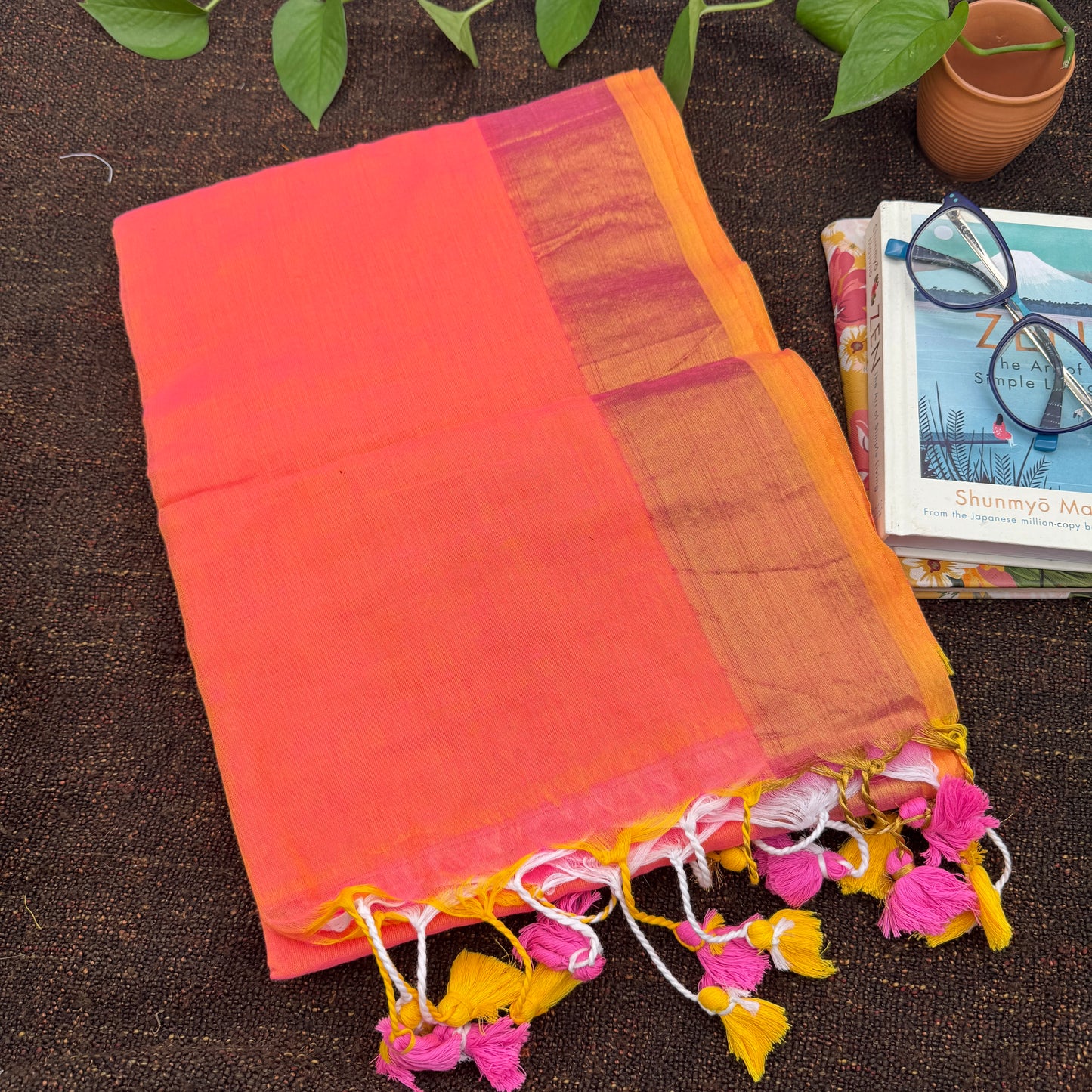 Pink and Orange Handloom Cotton Saree
