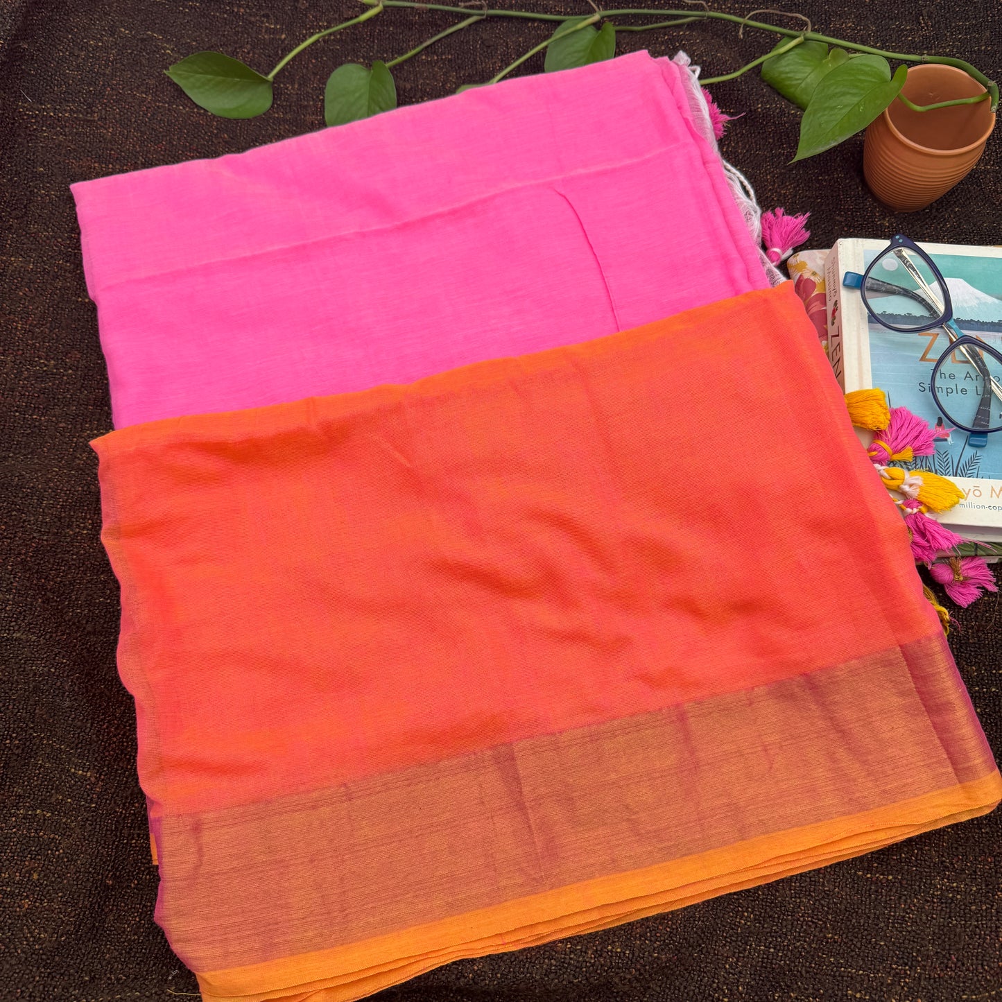 Pink and Orange Handloom Cotton Saree