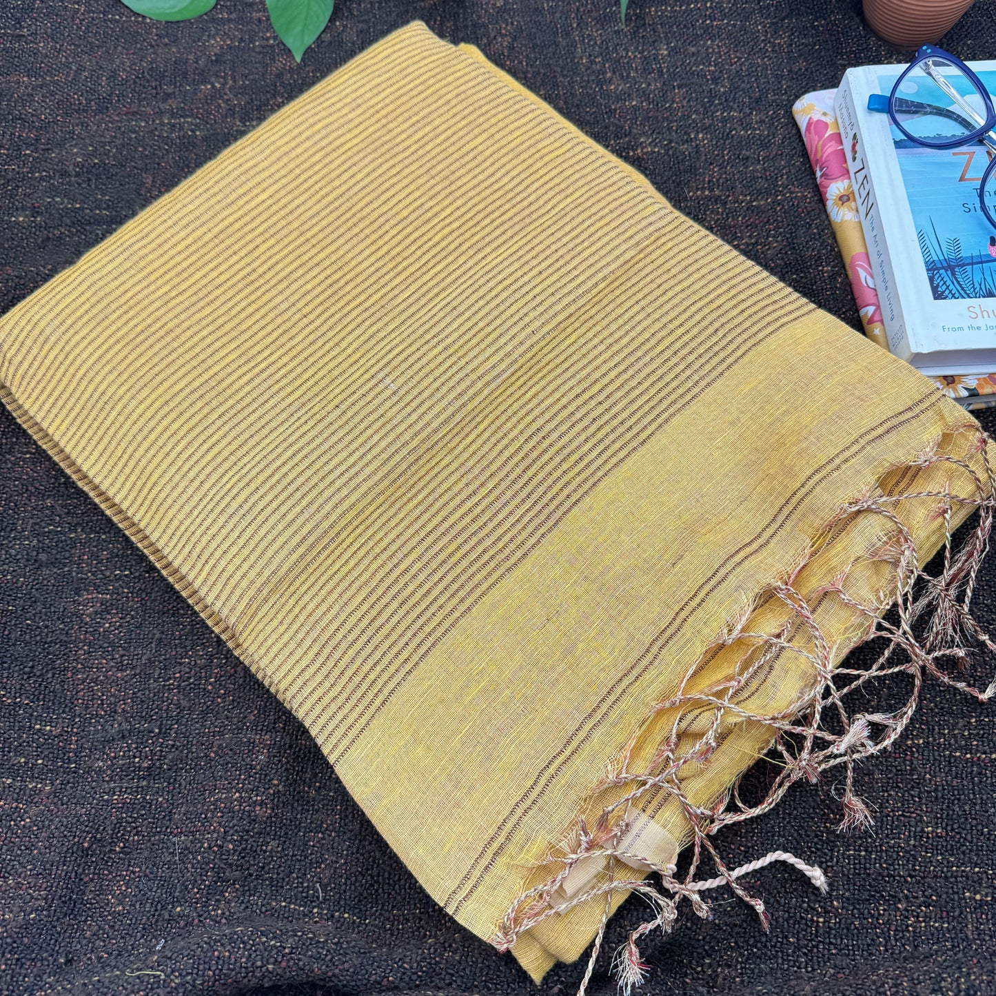 Mustard Yellow Tissue Linen Saree