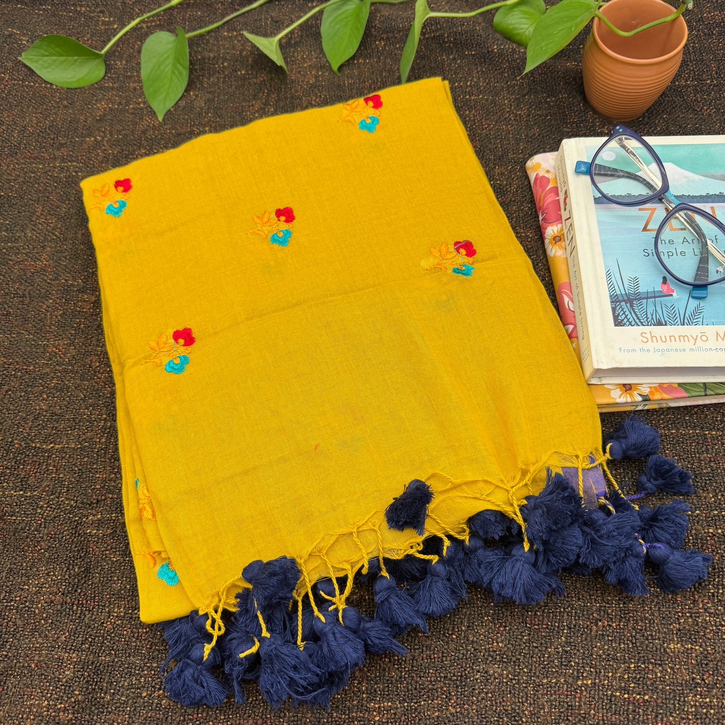 Mustard Mul Cotton Saree with Floral Embroidery