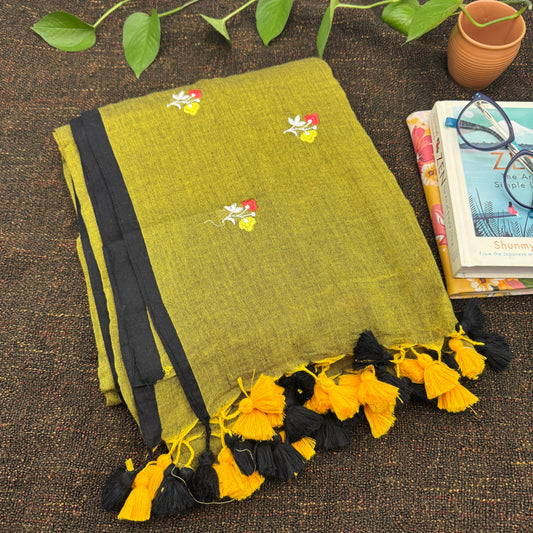 Olive Green Mul Cotton Saree with Floral Embroidery