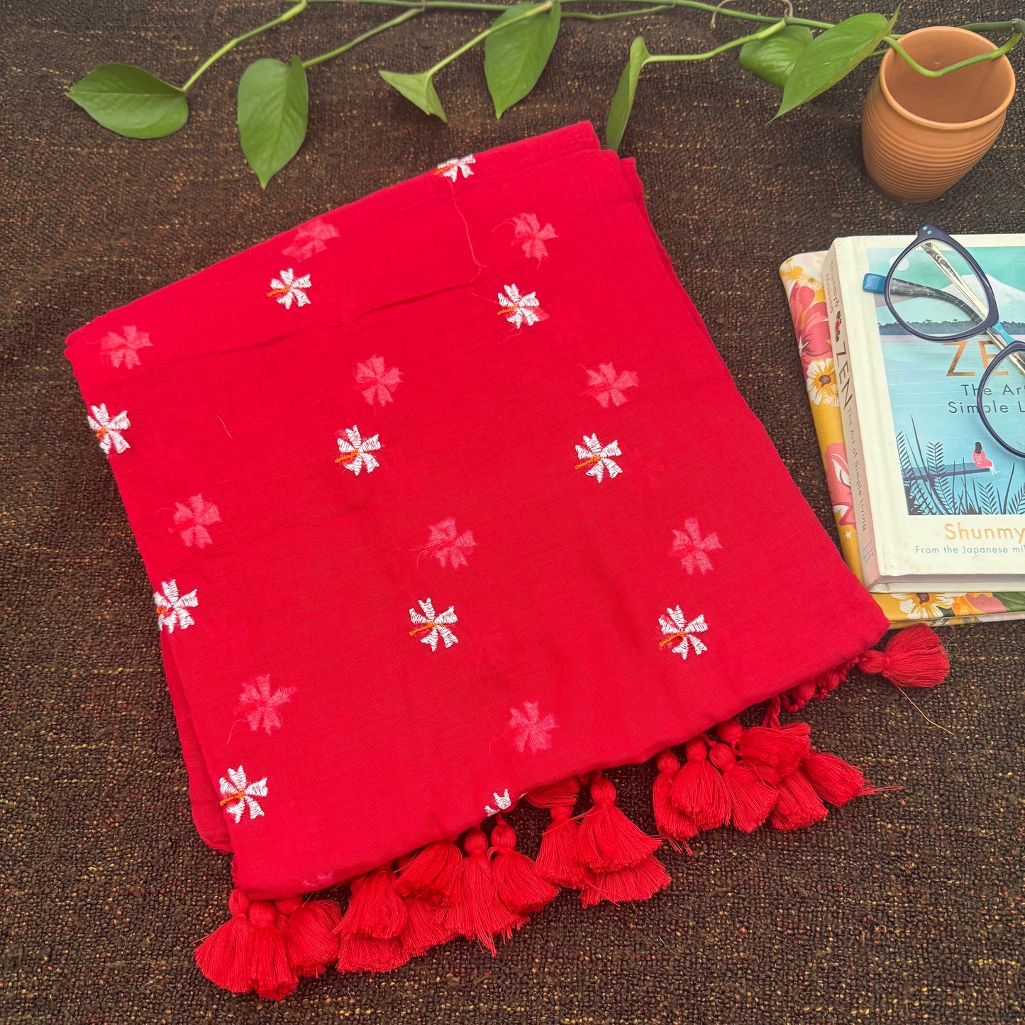 Red Mul Cotton Saree with Embroidered Flowers