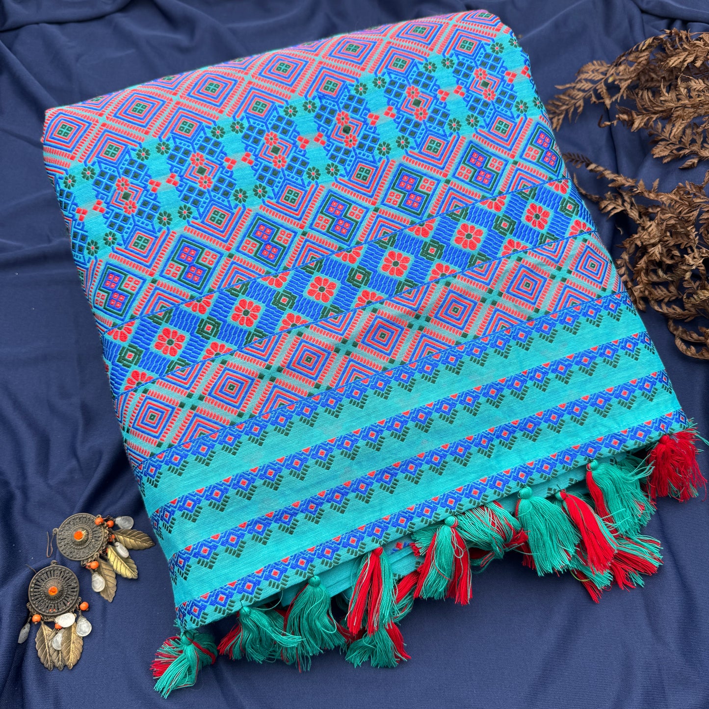 Neelphool - Blue Cotton-Silk Saree with Assamese motifs