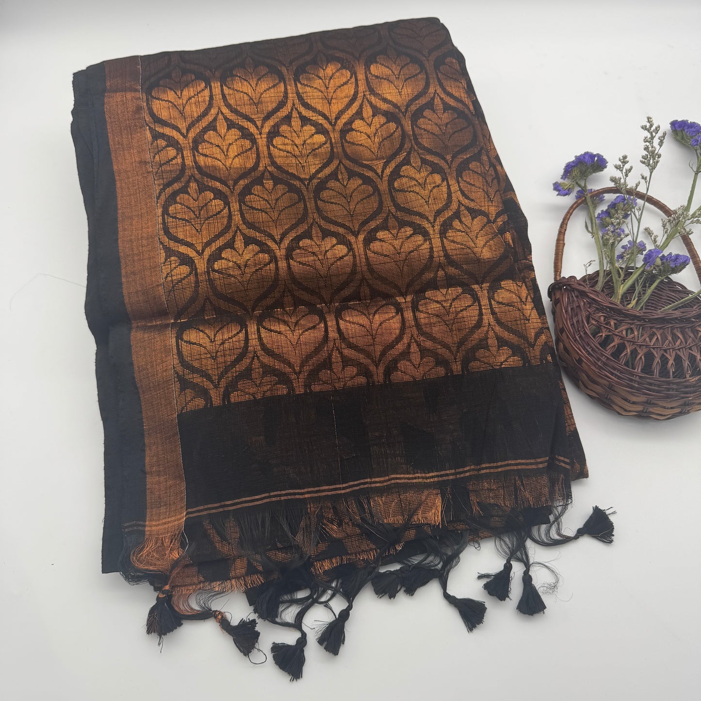 Raunak - Black Cotton-Silk Saree with Copper Zari