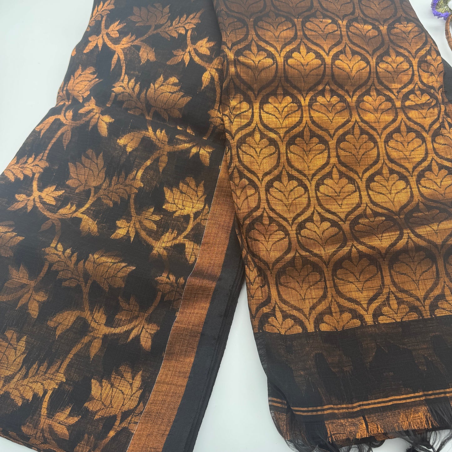 Raunak - Black Cotton-Silk Saree with Copper Zari