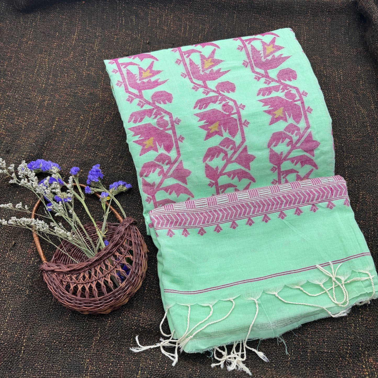 Phulbari: Green Handloom Cotton Saree with Pink Jamdani Floral Motifs