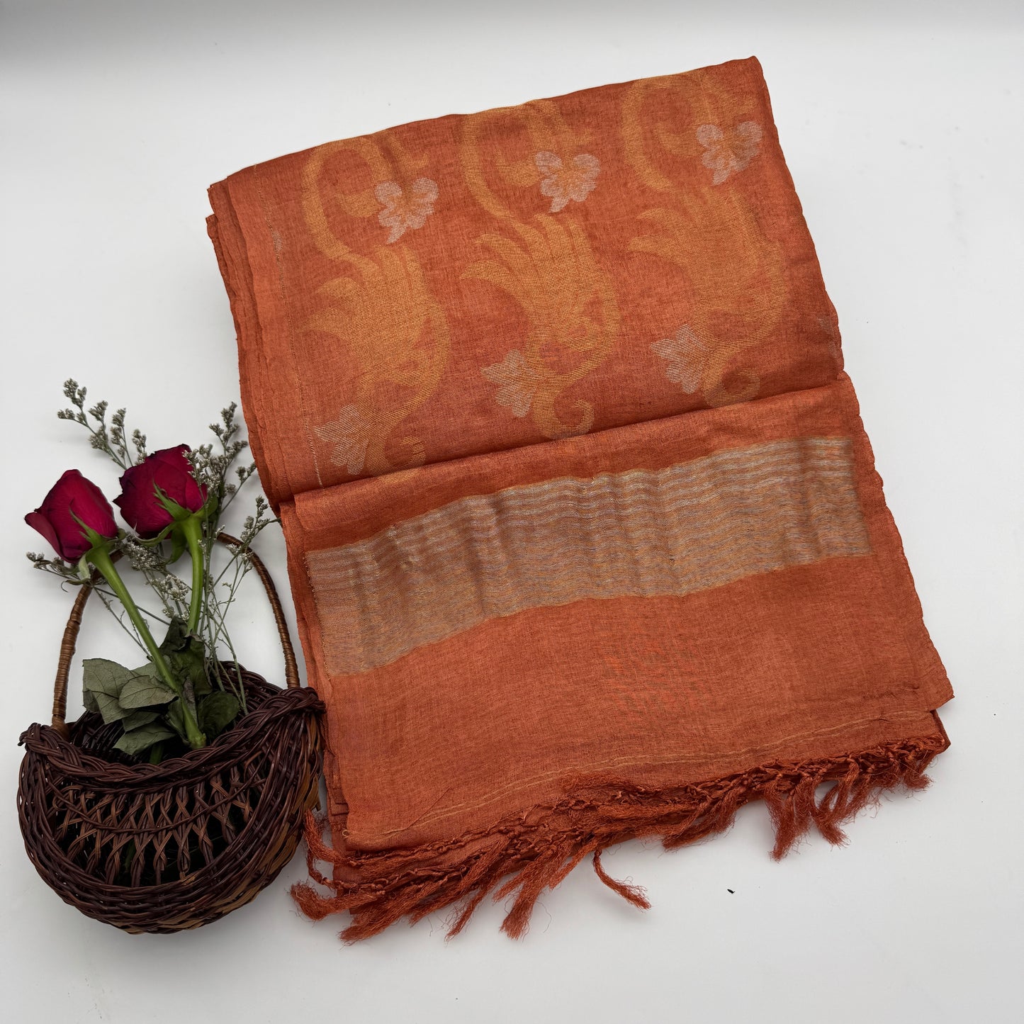 Rudra Raga: Orange Tussar Silk Saree with Gold Jamdani Motifs