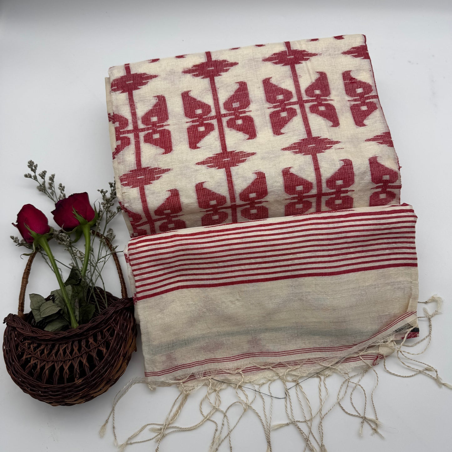 Pakhibas: White & Red Tussar Silk Saree