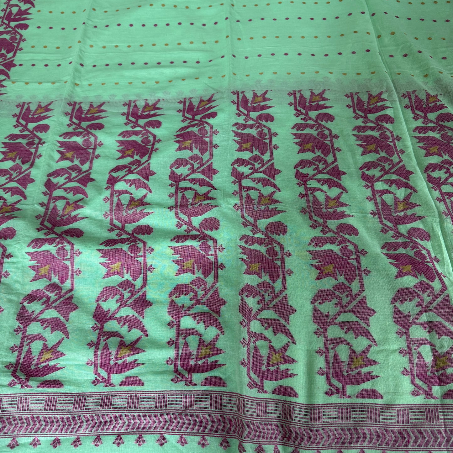 Phulbari: Green Handloom Cotton Saree with Pink Jamdani Floral Motifs