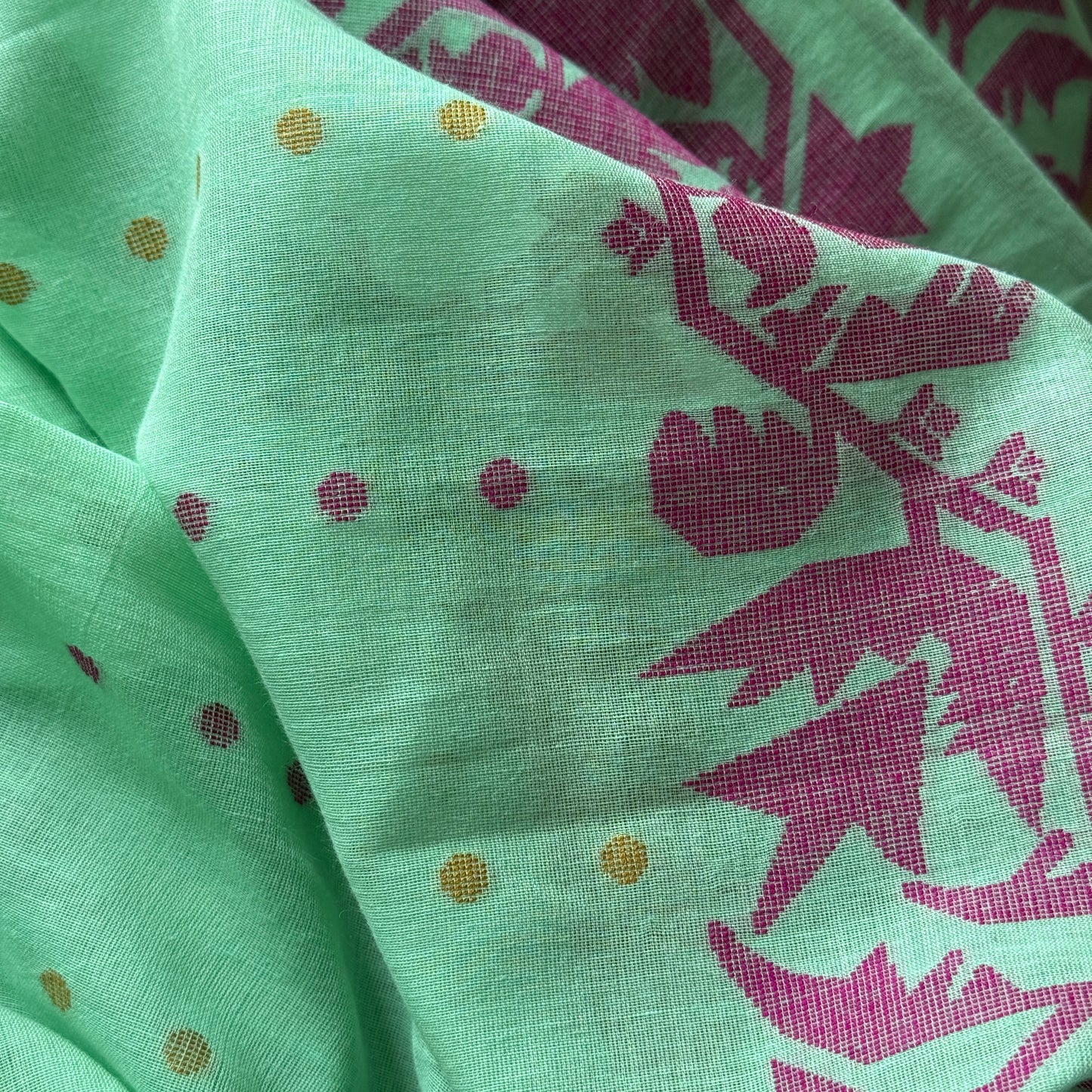 Phulbari: Green Handloom Cotton Saree with Pink Jamdani Floral Motifs