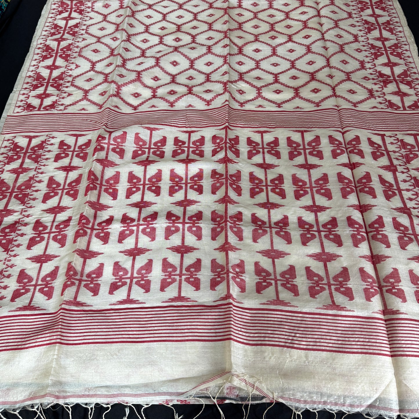 Pakhibas: White & Red Tussar Silk Saree