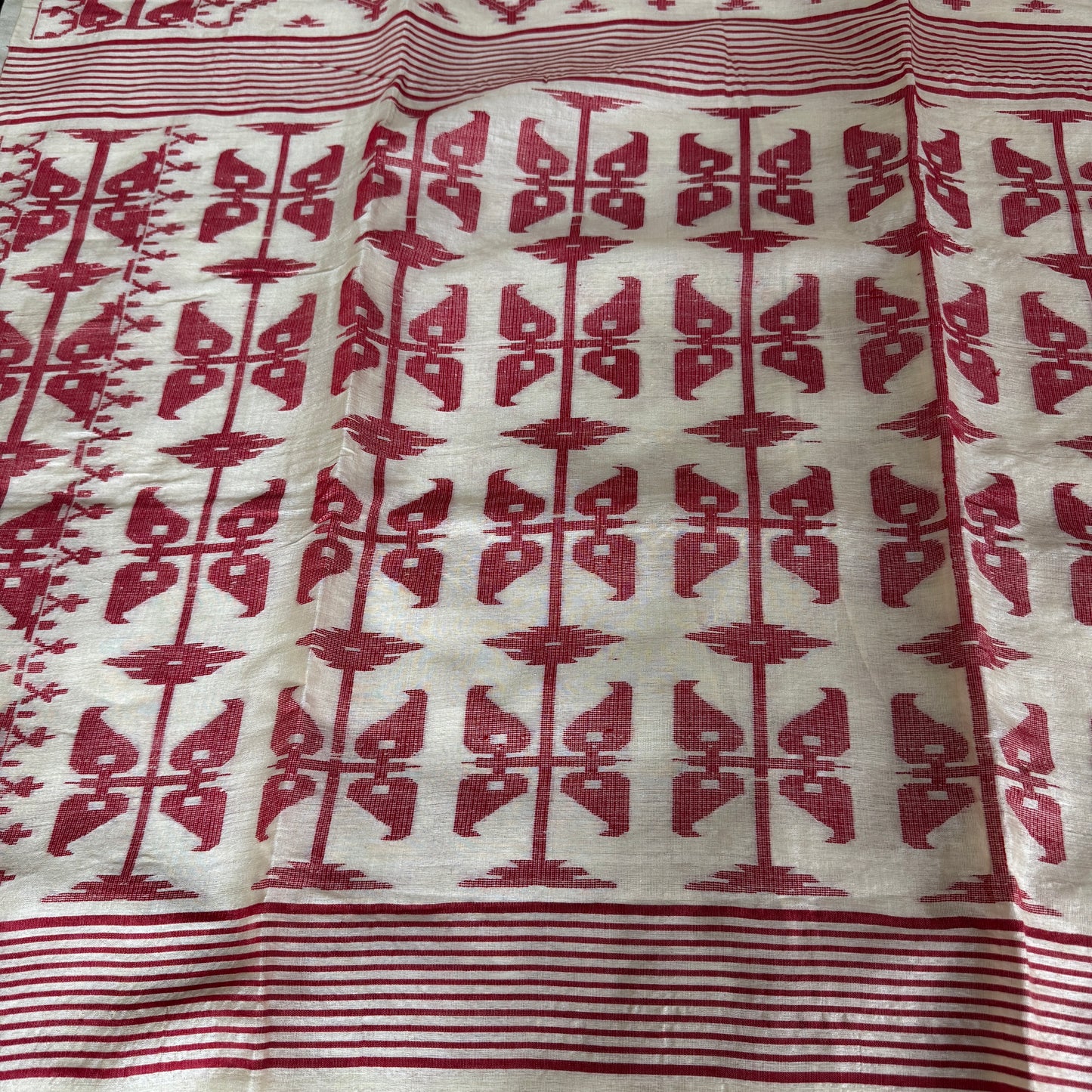 Pakhibas: White & Red Tussar Silk Saree