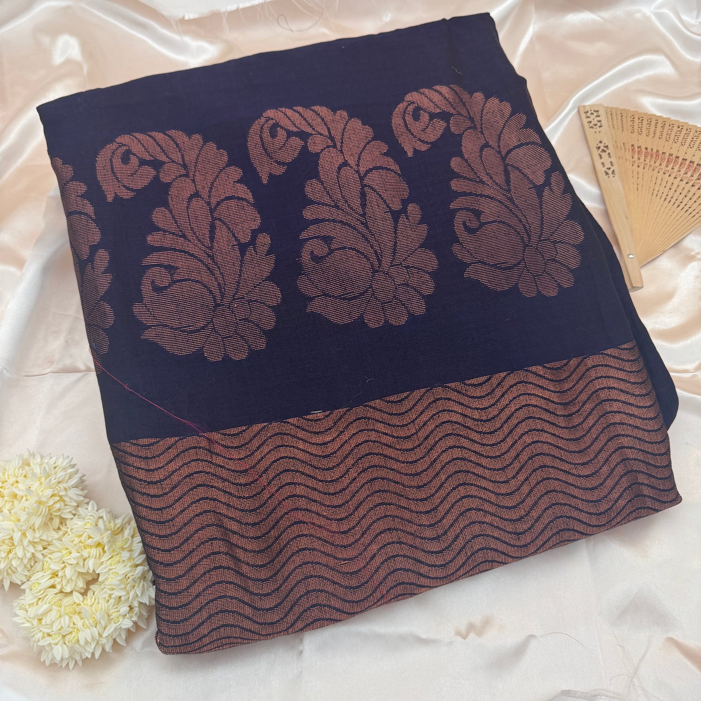 Neelvalli: Navy blue Cotton Saree with Kanjeevaram-inspired motifs