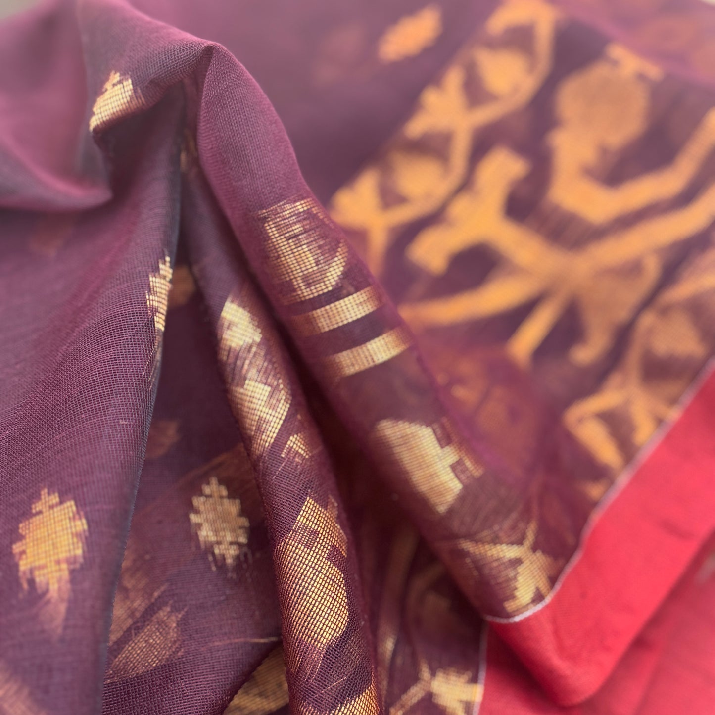 Gulnaar: Maroon Silk-Cotton Saree with Zari motifs