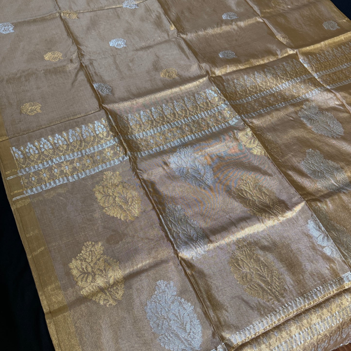 Svarnarekha: Golden Tissue Silk Saree with Antique Leaf Motifs