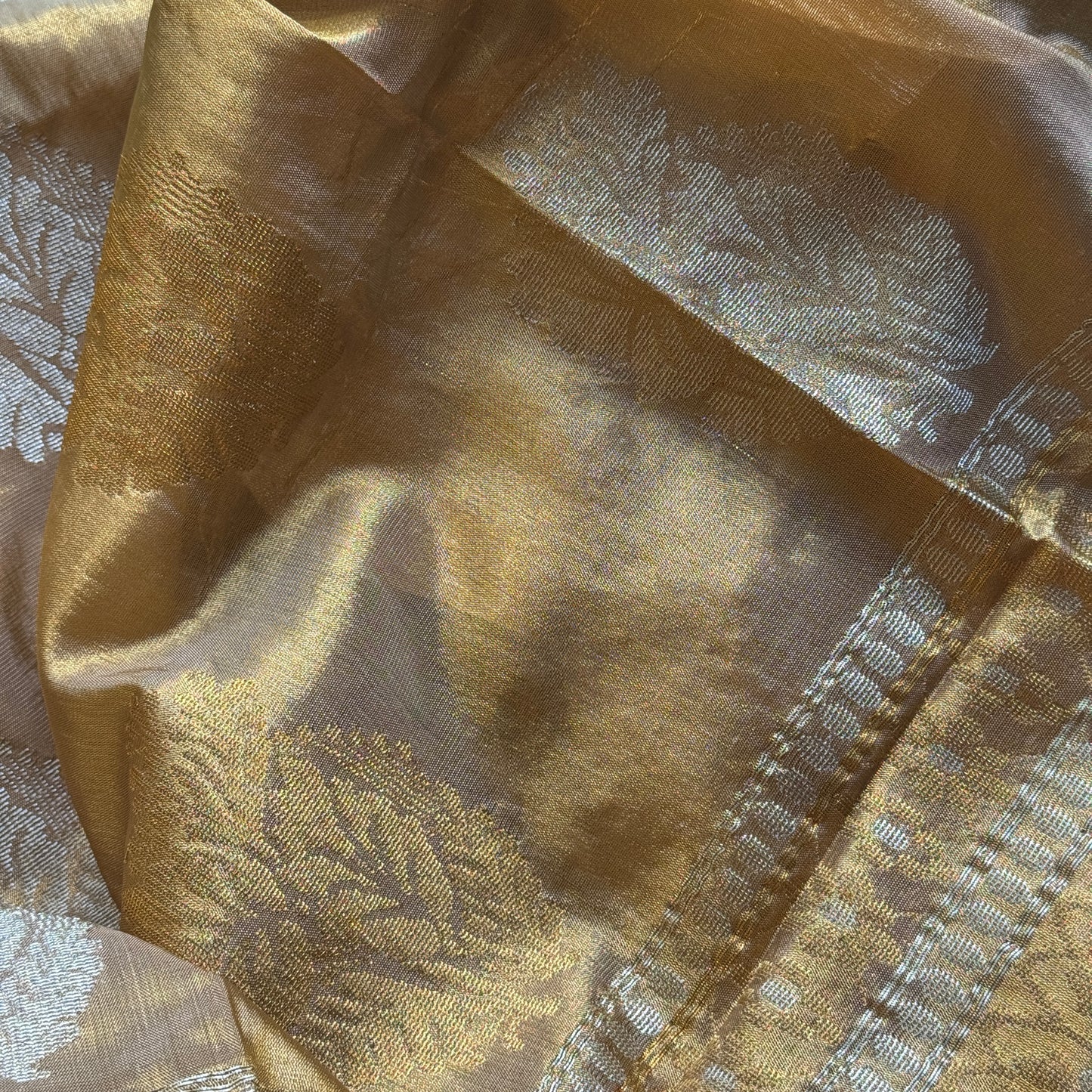 Svarnarekha: Golden Tissue Silk Saree with Antique Leaf Motifs