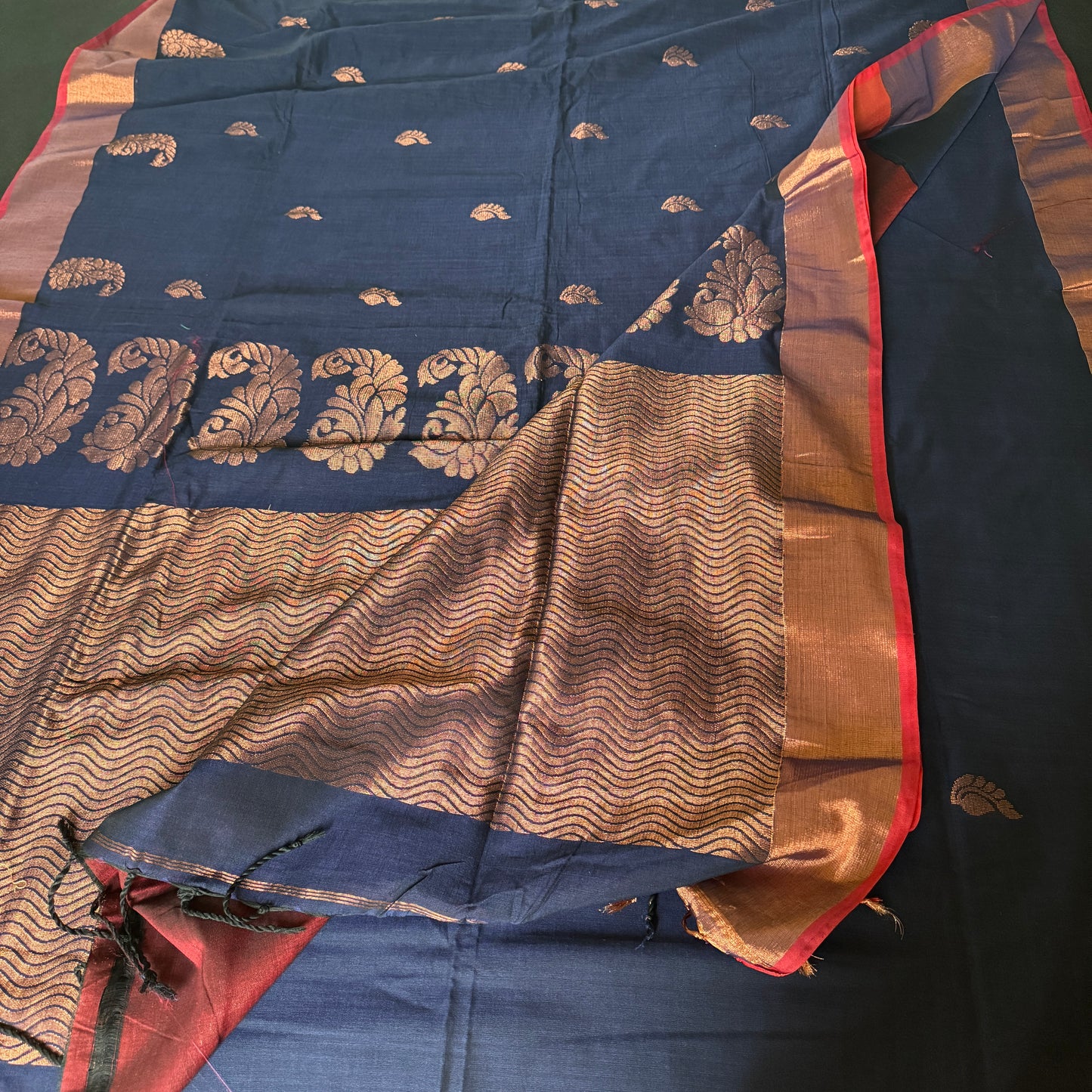 Neelvalli: Navy blue Cotton Saree with Kanjeevaram-inspired motifs