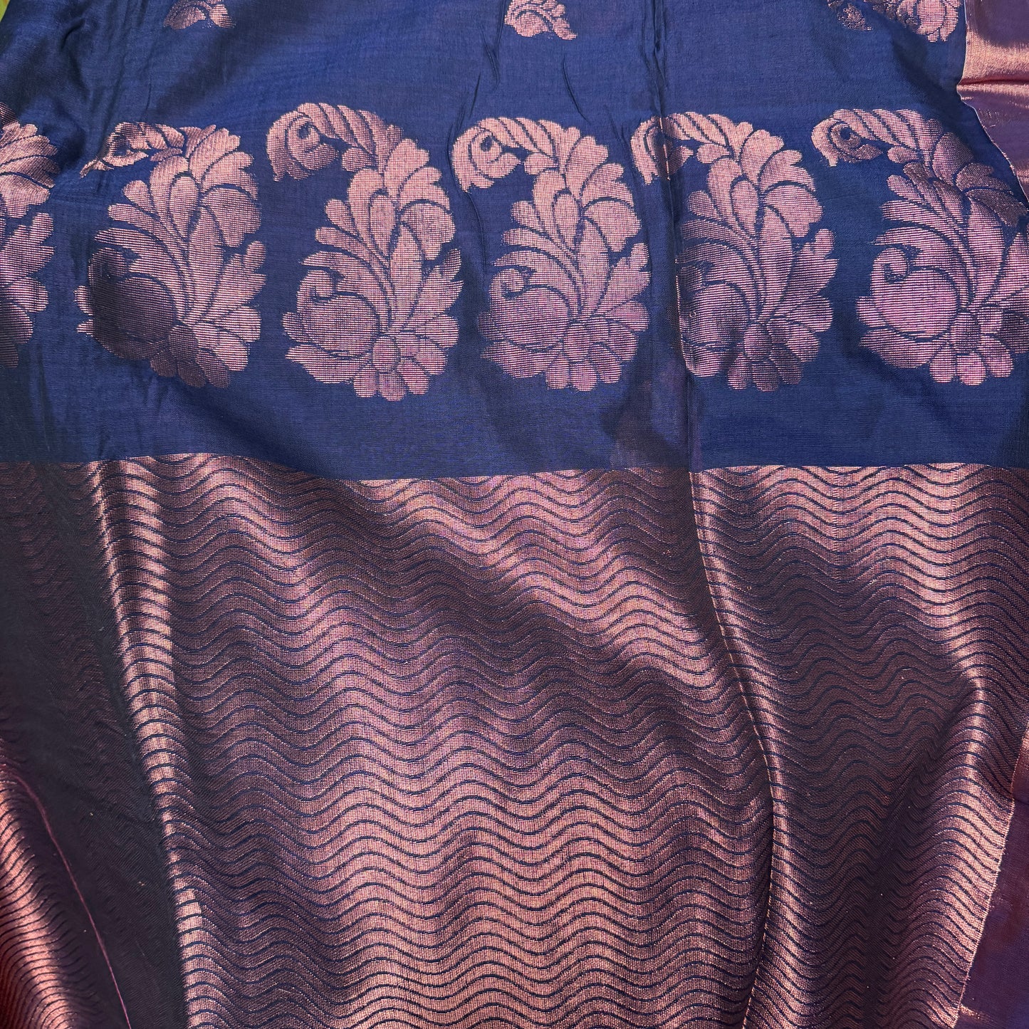 Neelvalli: Navy blue Cotton Saree with Kanjeevaram-inspired motifs