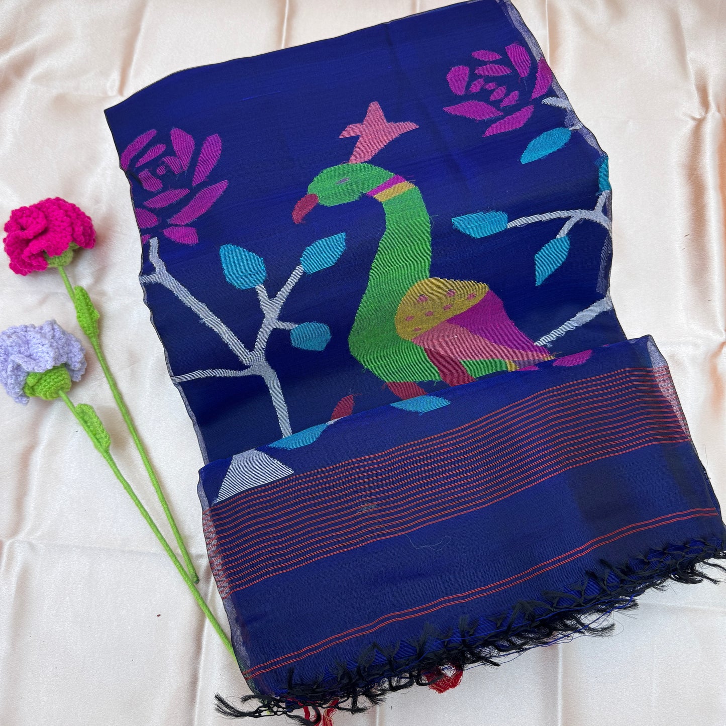 Moyurborna: Navy Blue Handwoven Matka Silk Saree