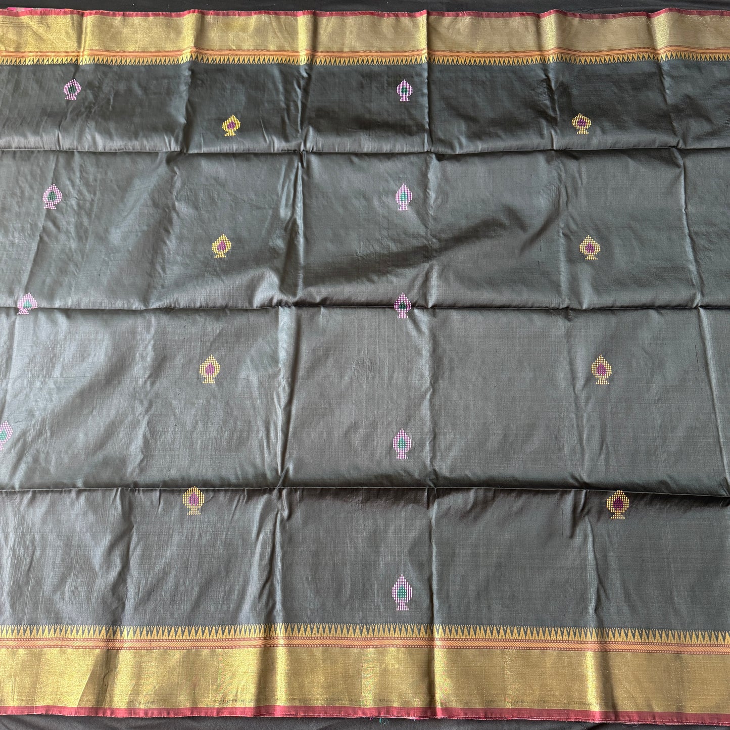 Mondir-Mohona: Orange and Black Katan Silk Saree