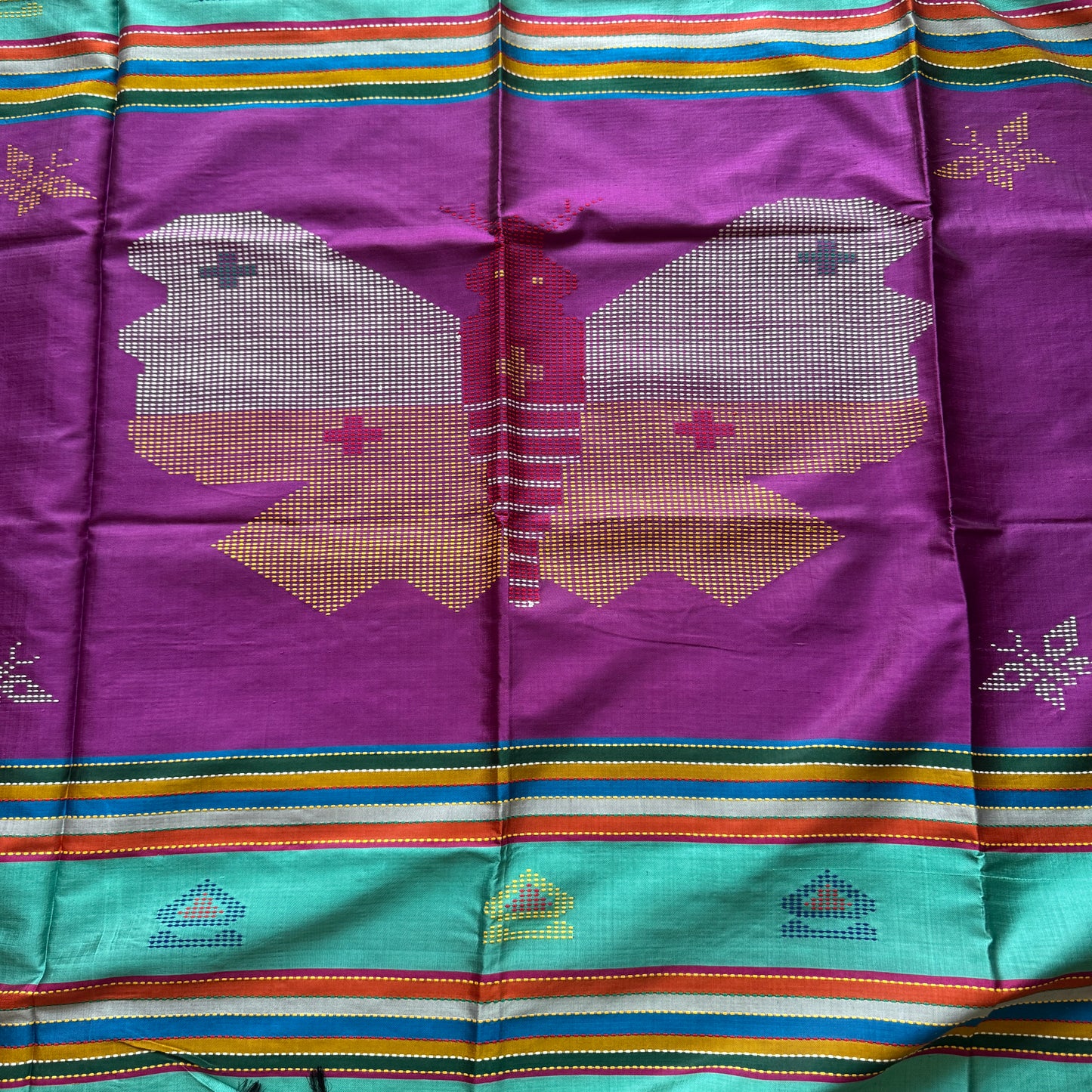 Projapoti: Green and Magenta Katan Silk Saree