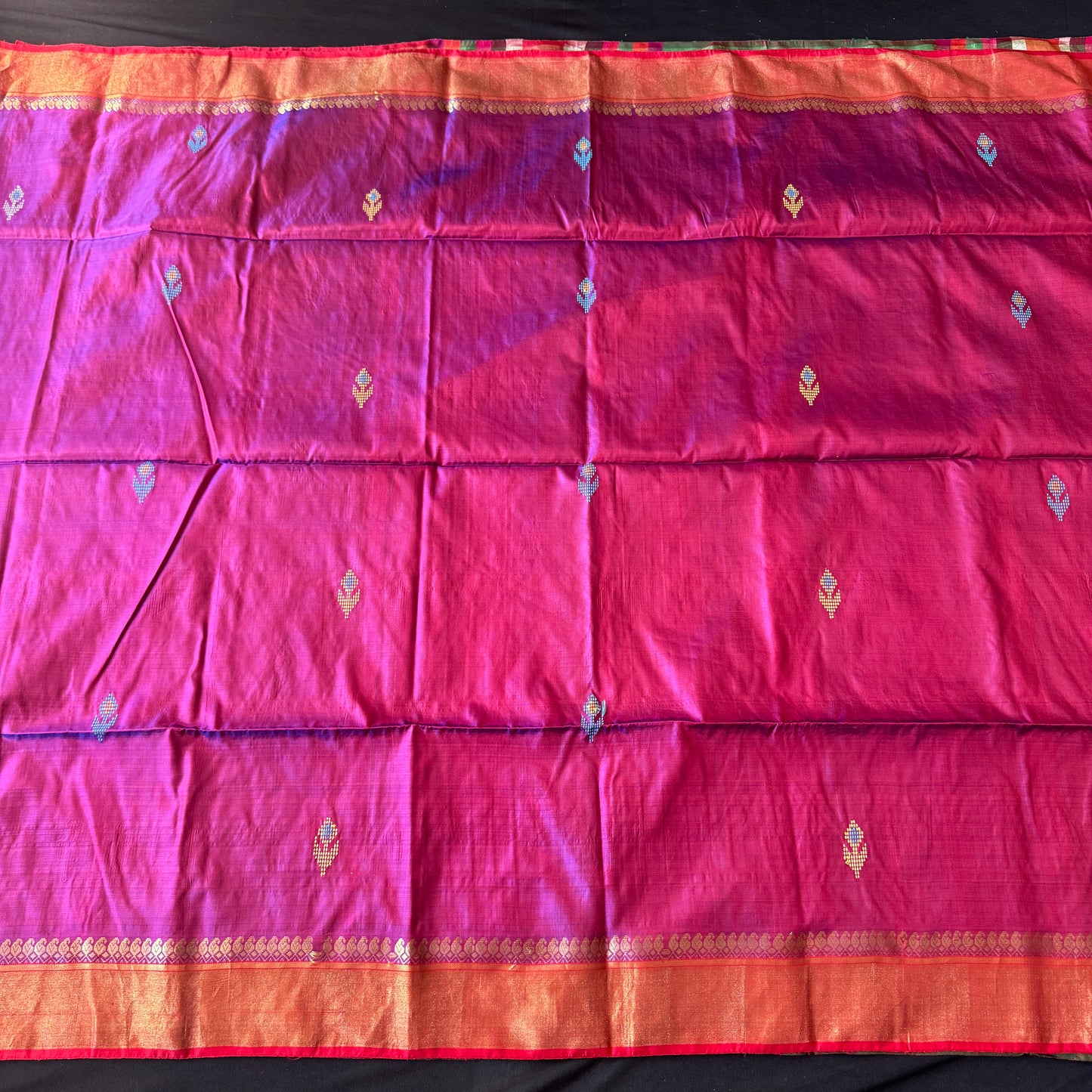Ronger Pakhi: Magenta Katan Silk Saree with Multicolored Pallu