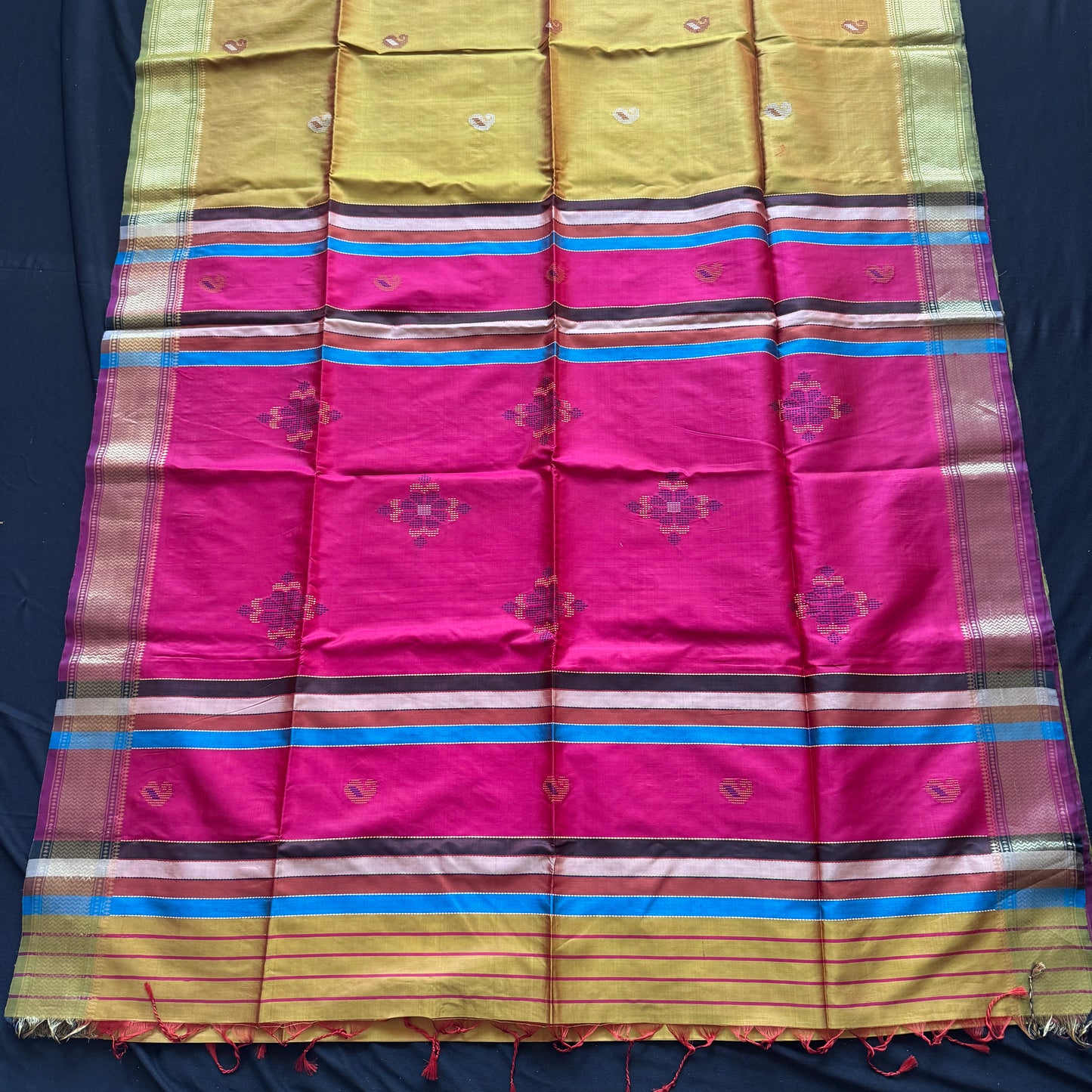 Basanta Phool: Yellow & Pink Katan Silk Saree