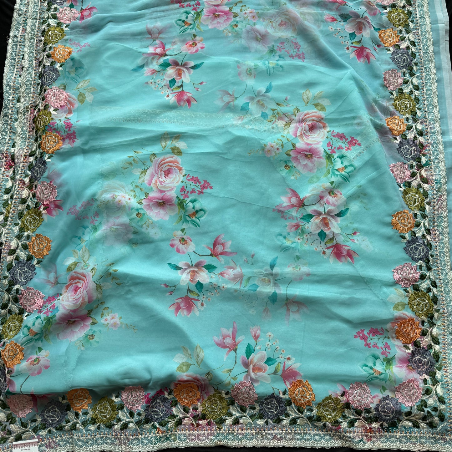 Gulnaar Sky: Blue Floral Georgette Saree