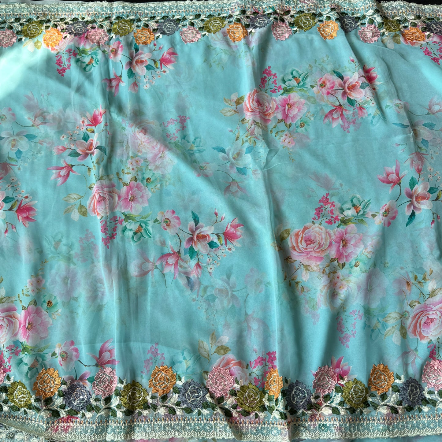Gulnaar Sky: Blue Floral Georgette Saree