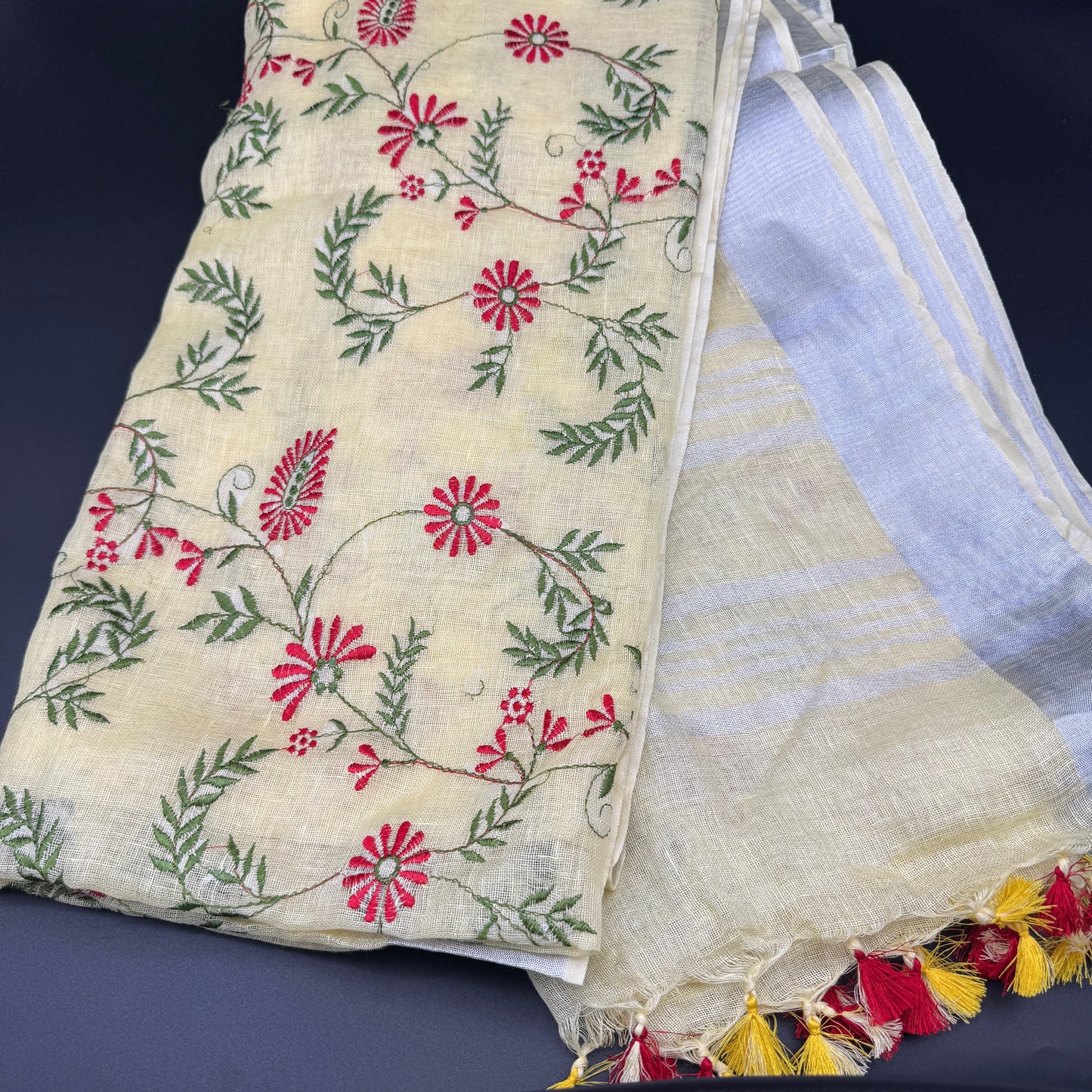 Gulmohar Whisper: Yellow Linen Embroidered Saree