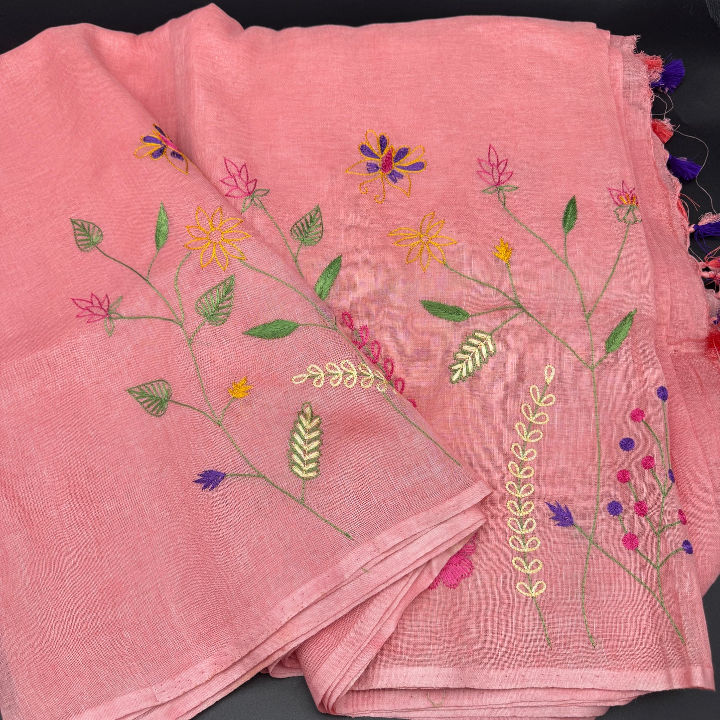 Rose Garden: Pink Embroidered Linen Saree