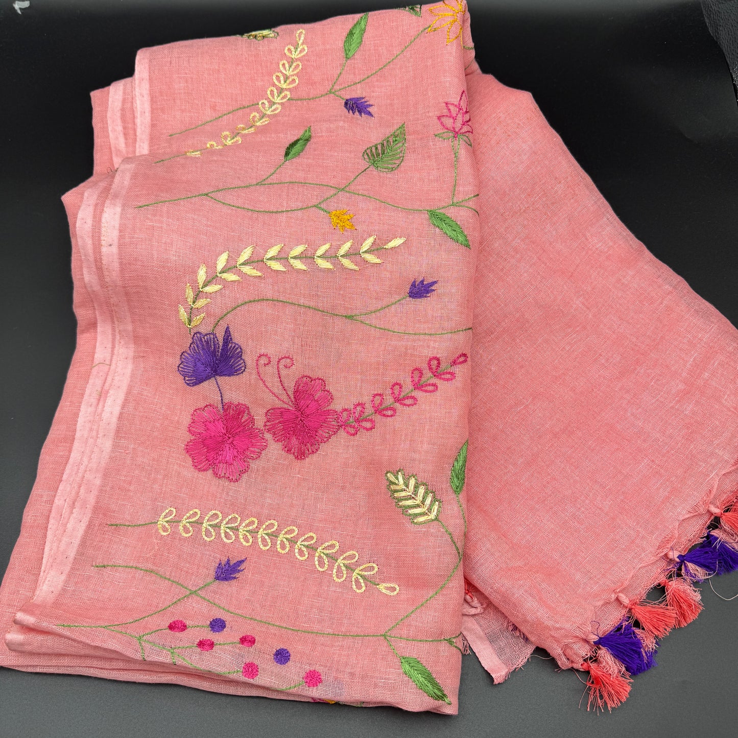 Rose Garden: Pink Embroidered Linen Saree
