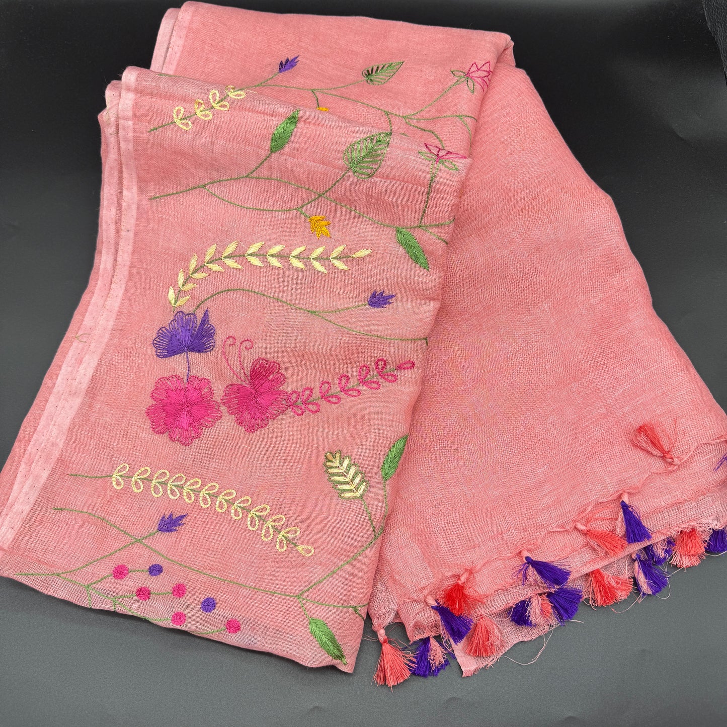 Rose Garden: Pink Embroidered Linen Saree
