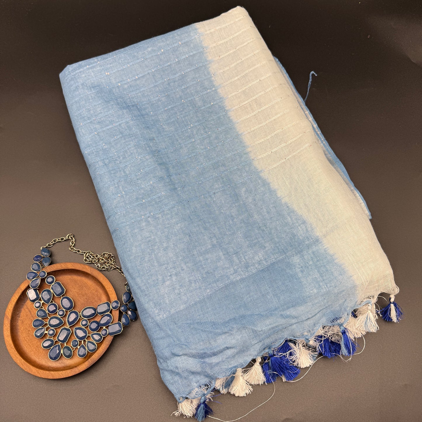 Ocean Mist: Ombre Blue Pure Linen Saree with Sequins