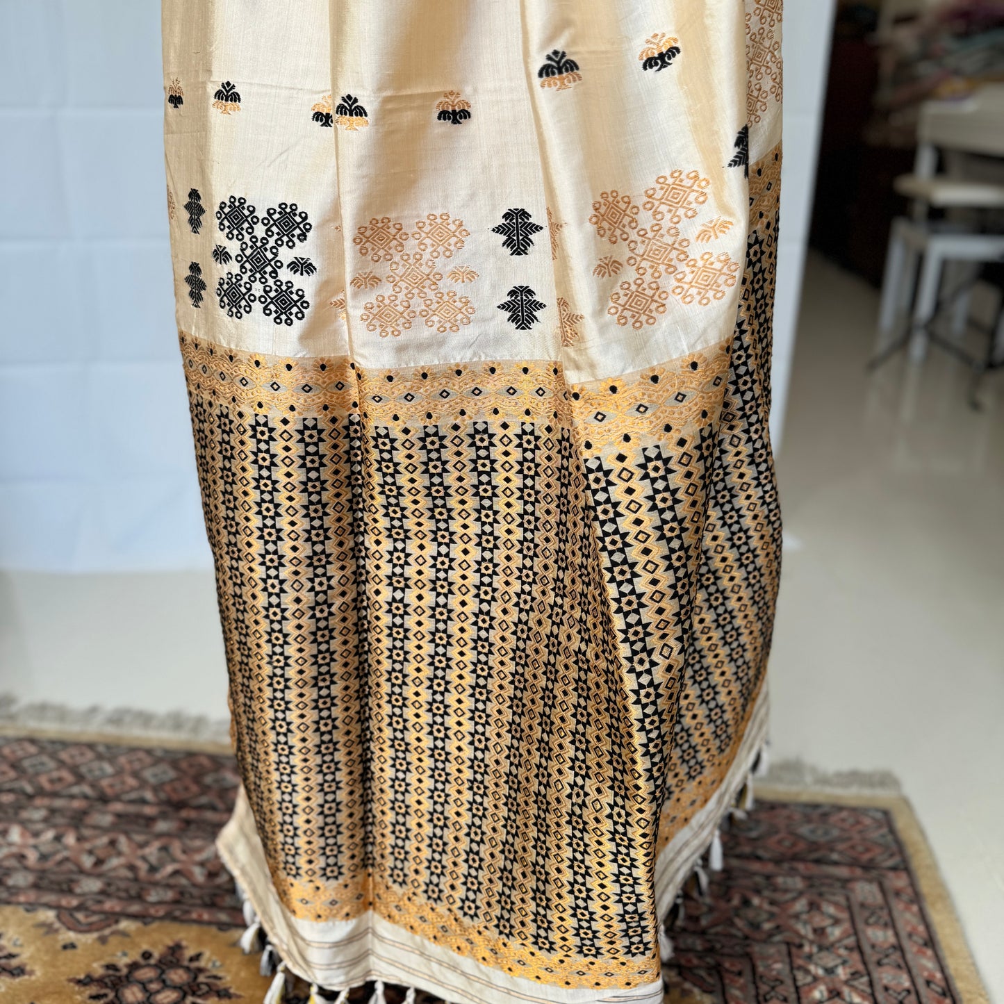 Assam Paat Silk Saree with Cream, Black and Gold Woven Motifs