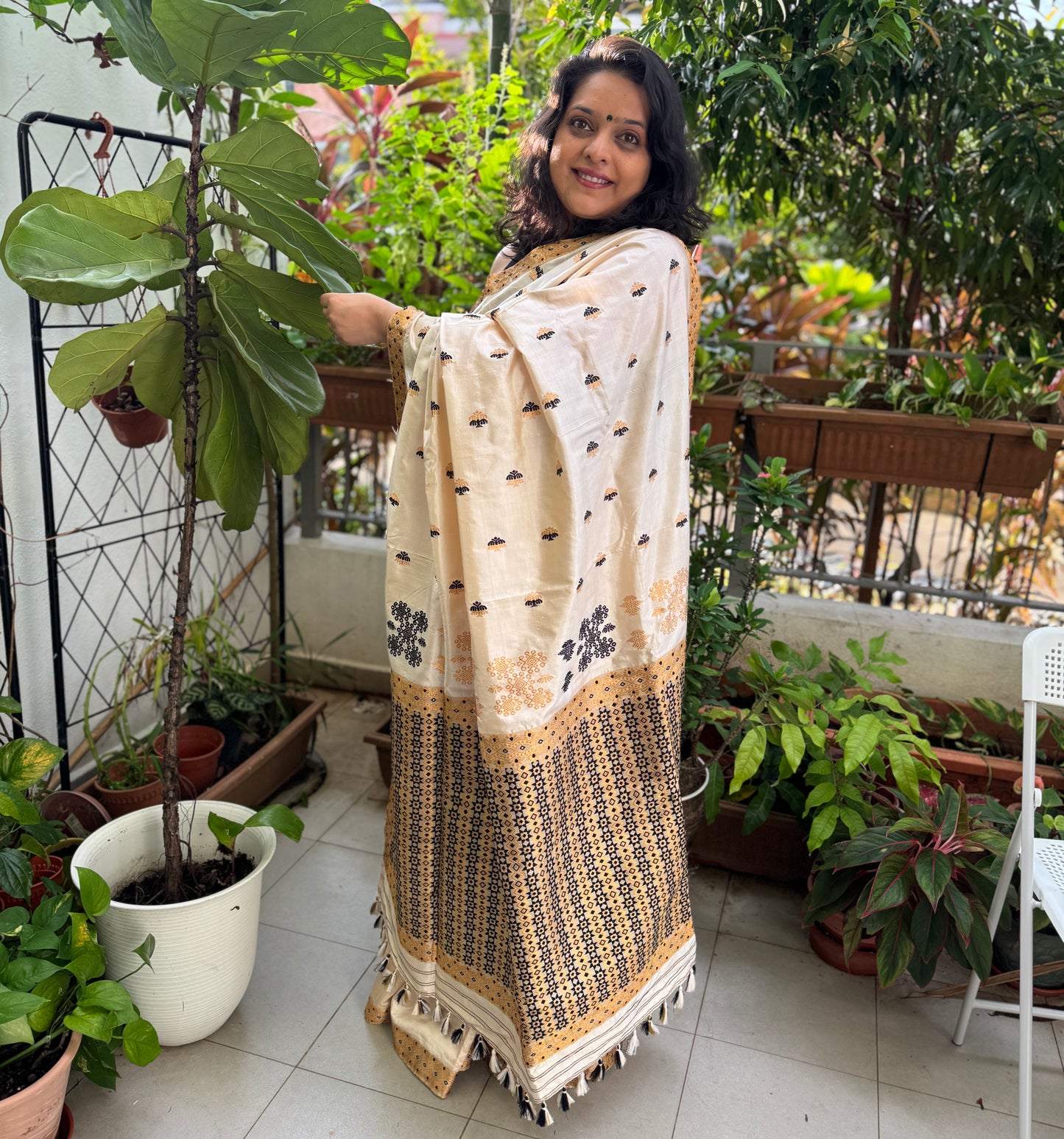 Assam Paat Silk Saree with Cream, Black and Gold Woven Motifs