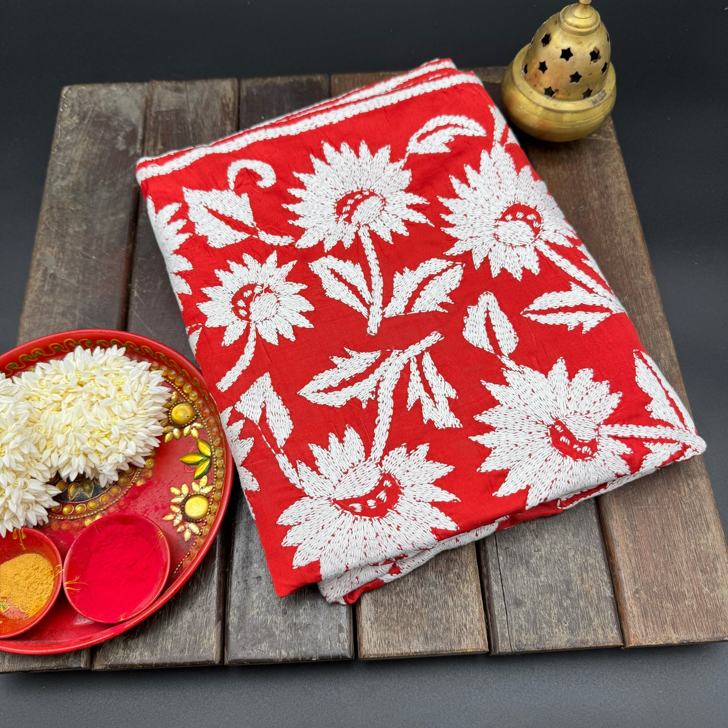 Scarlet Bloom: Red Kantha Embroidery Saree