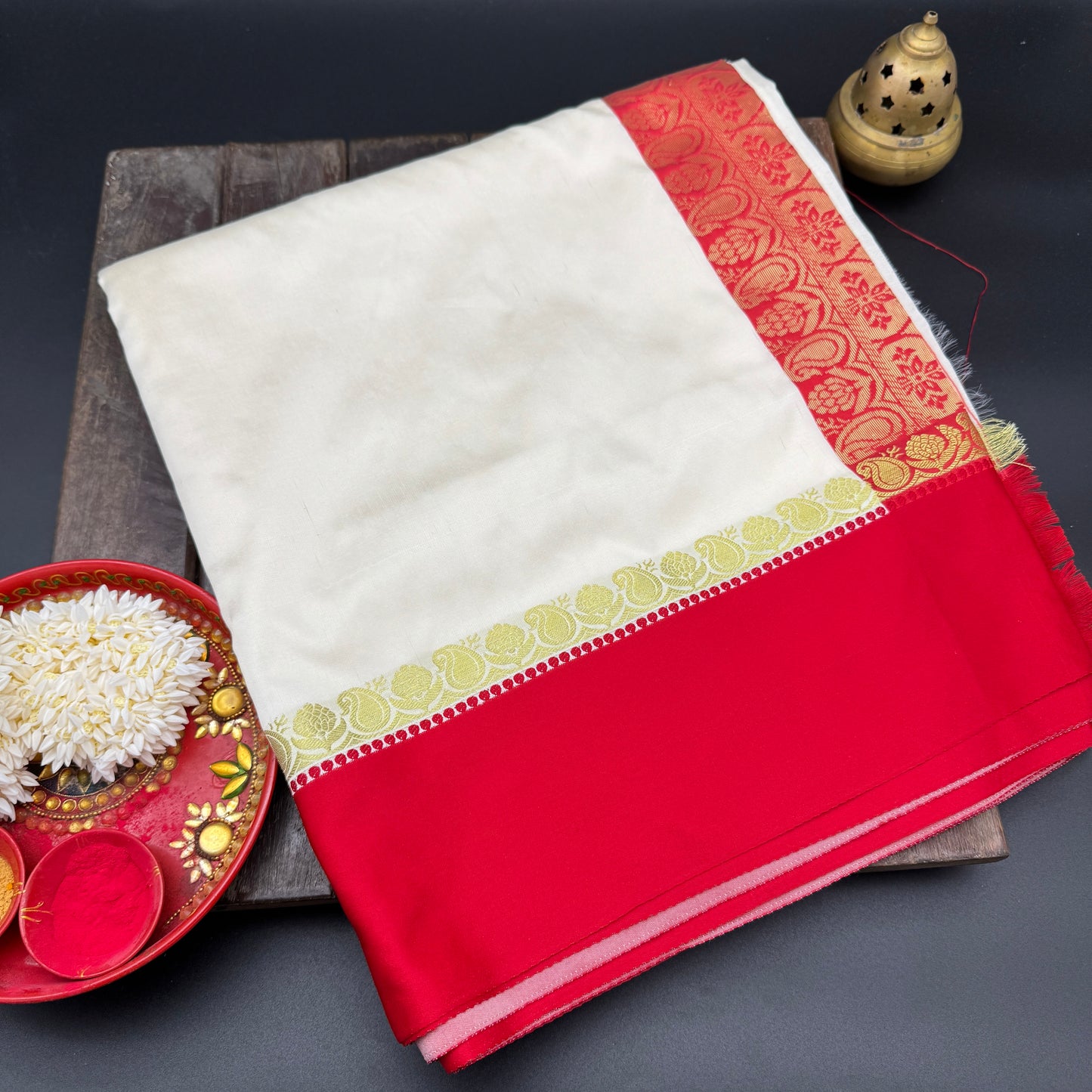 Shubhra: Red and White Blended Silk Saree
