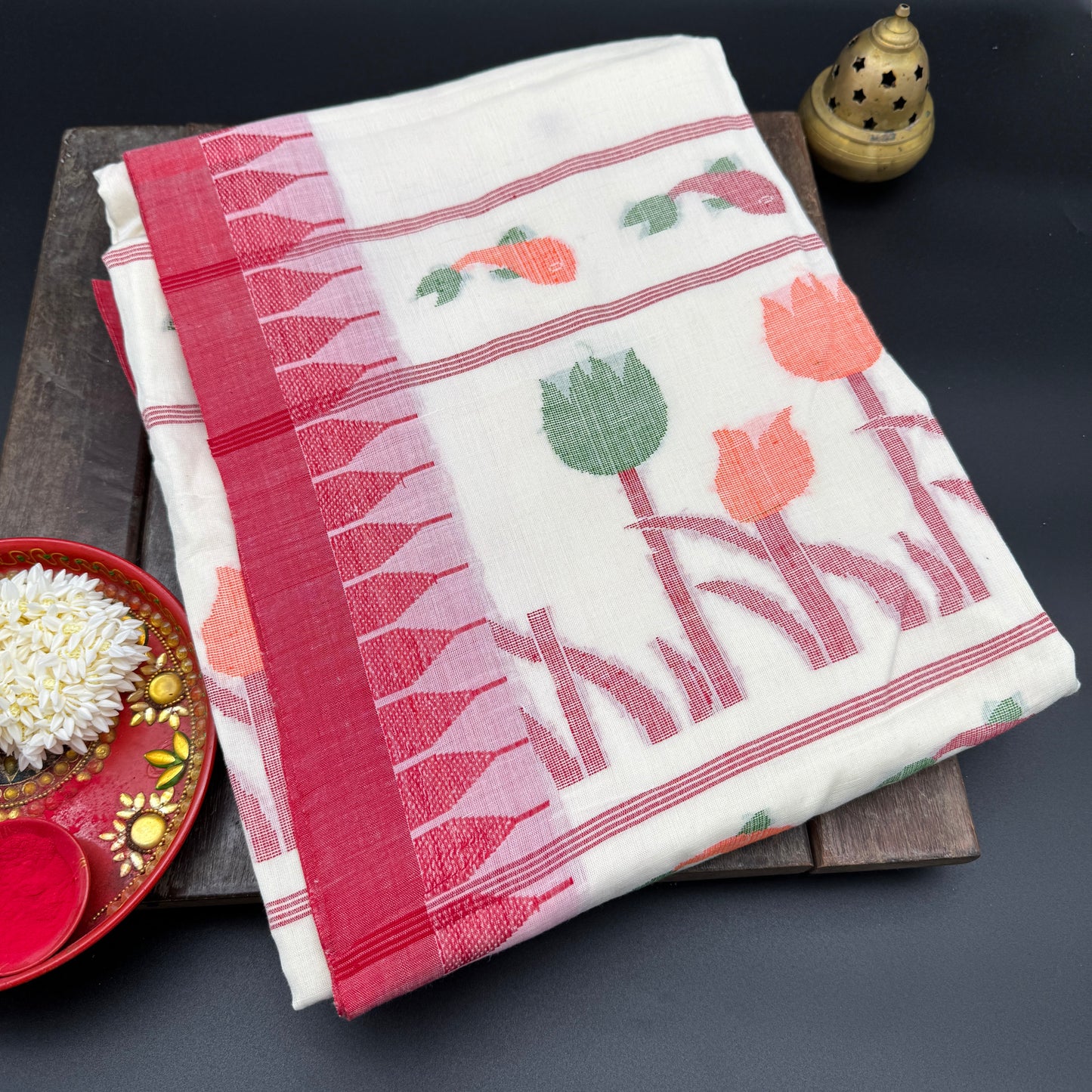 Whispering Tulips: White Cotton Handloom Saree with Moirangphee Motifs