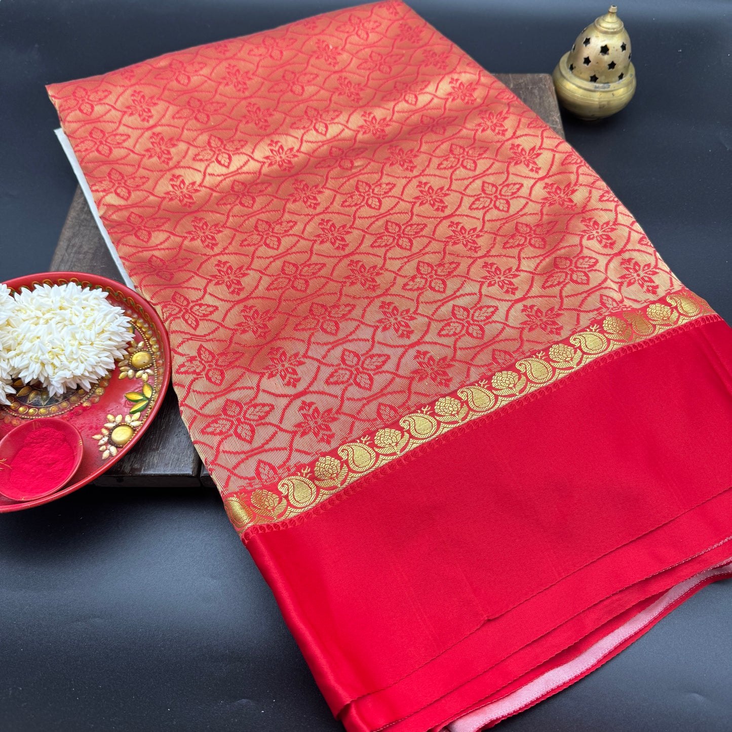 Shubhra: Red and White Blended Silk Saree