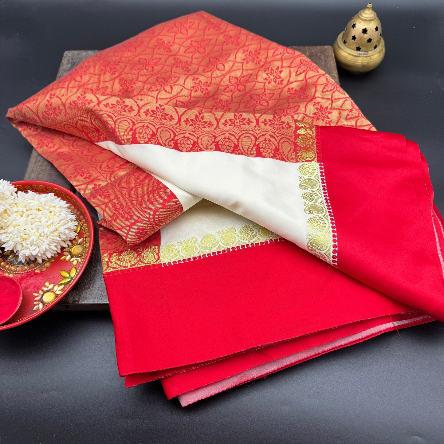 Shubhra: Red and White Blended Silk Saree