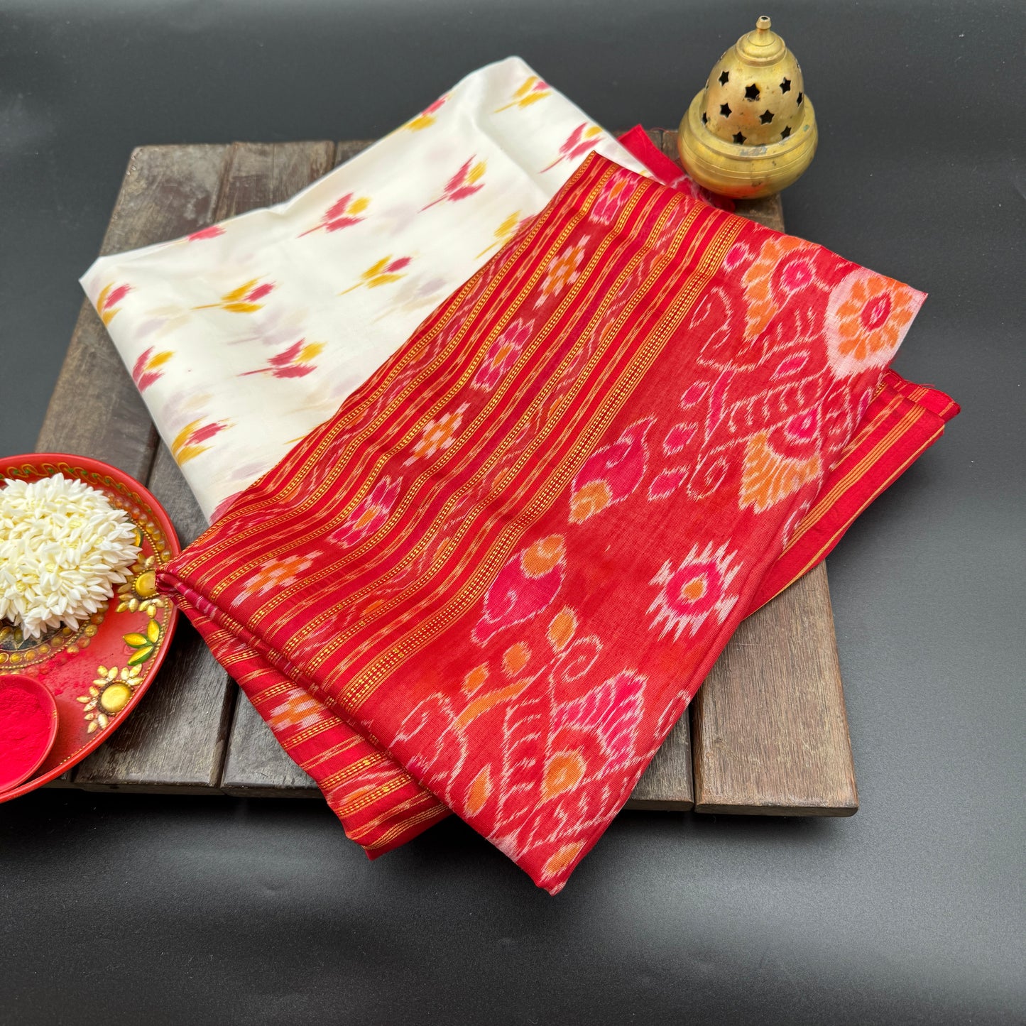 Pravah: Red and White Ikkat Silk Saree
