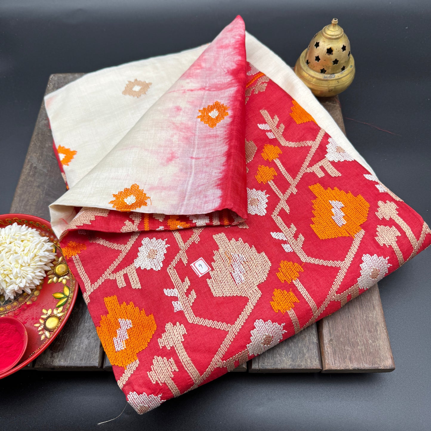 Sunset Reverie: White Tussar Silk Saree with Red Ombre Border