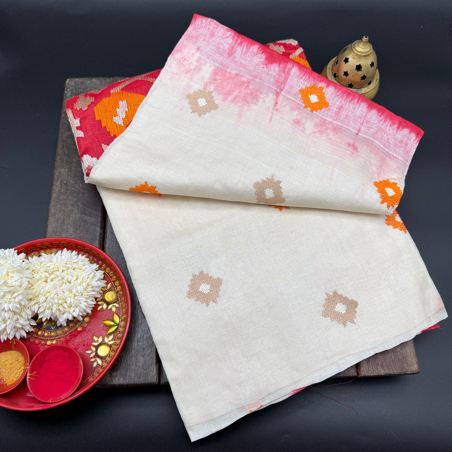 Sunset Reverie: White Tussar Silk Saree with Red Ombre Border