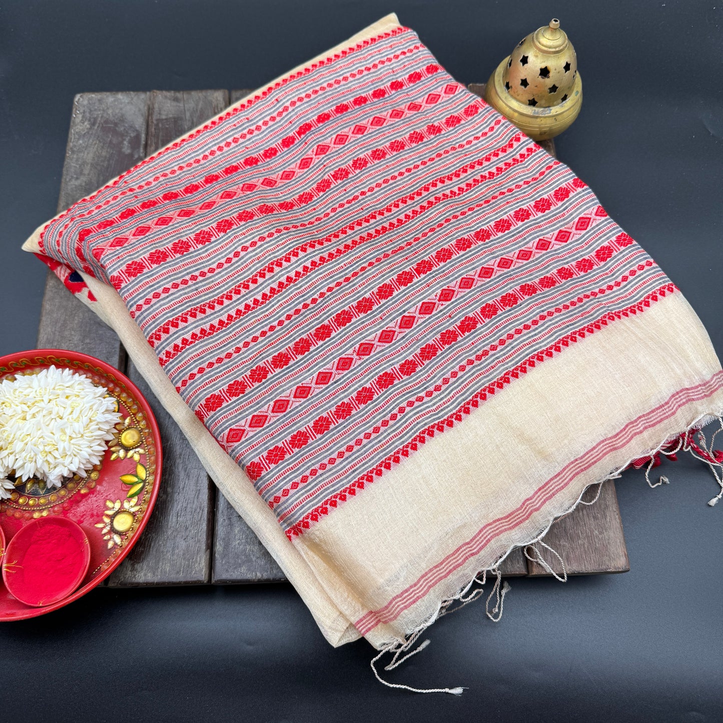Crimson Heritage: Beige & Red Tussar Silk Saree