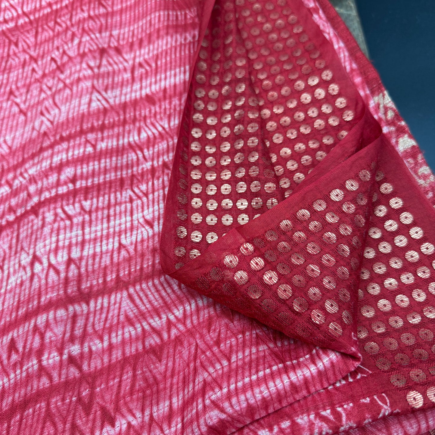 Rudrapriya: Red Matka Silk Saree with Shibori Dye and Sequins