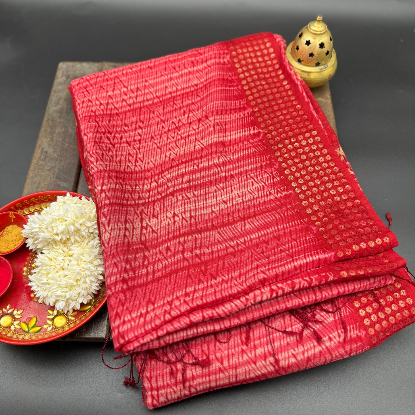 Rudrapriya: Red Matka Silk Saree with Shibori Dye and Sequins