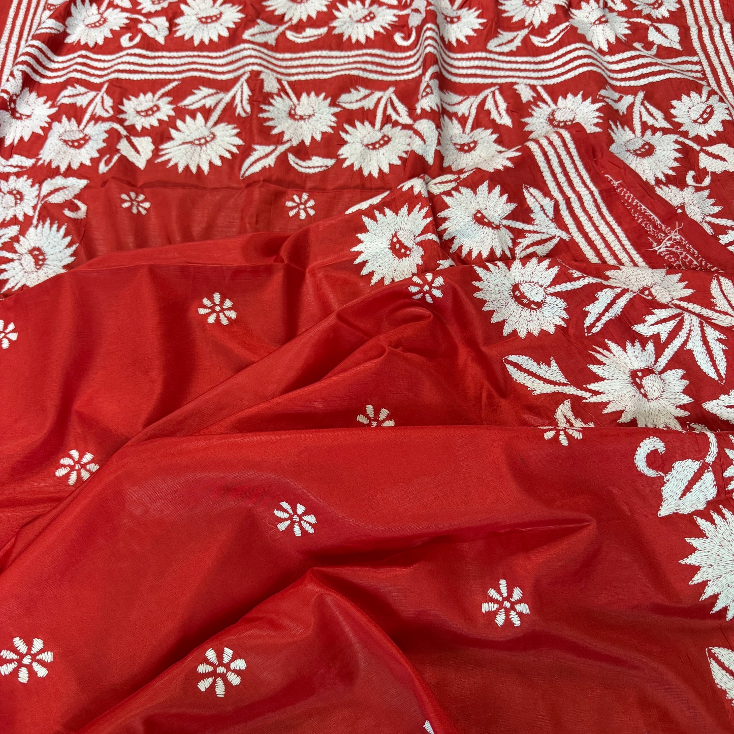 Scarlet Bloom: Red Kantha Embroidery Saree