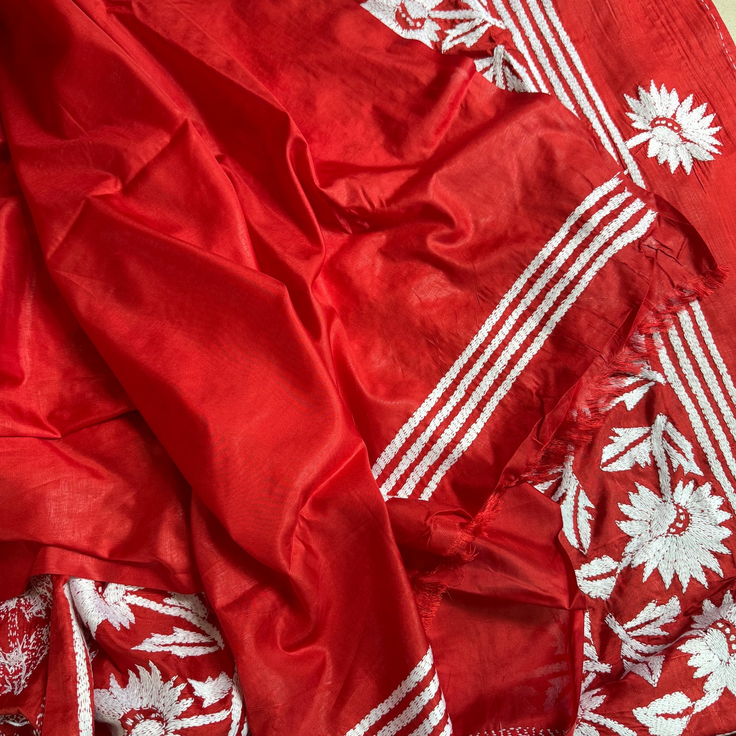 Scarlet Bloom: Red Kantha Embroidery Saree